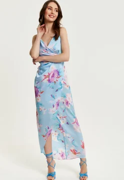 Women's Maxi Dress with Side Tie, Floral Print, Maxi Length, Sleeveless in Blue - Liquorish