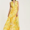 Women's Maxi Dress with Sleeveless Design in Yellow and Orange Floral Print - Elegant V-Neck Style by Liquorish
