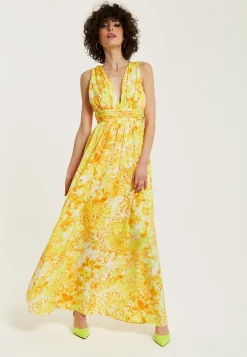 Women's Maxi Dress with Sleeveless Design in Yellow and Orange Floral Print - Elegant V-Neck Style by Liquorish