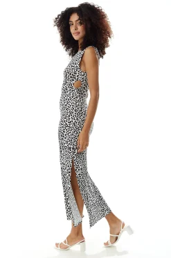 Women's Maxi Dress with Sleeveless Design, Black and White Animal Print, Cut-Out Details - Liquorish