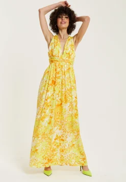 Women's Maxi Dress with Sleeveless Design in Yellow and Orange Floral Print - Elegant V-Neck Style by Liquorish