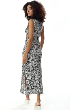 Women's Maxi Dress with Sleeveless Design, Black and White Animal Print, Cut-Out Details - Liquorish