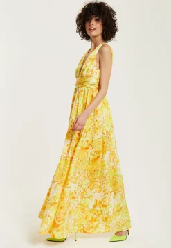 Women's Maxi Dress with Sleeveless Design in Yellow and Orange Floral Print - Elegant V-Neck Style by Liquorish