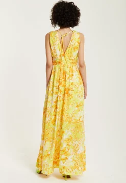 Women's Maxi Dress with Sleeveless Design in Yellow and Orange Floral Print - Elegant V-Neck Style by Liquorish