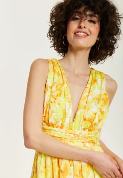Women's Maxi Dress with Sleeveless Design in Yellow and Orange Floral Print - Elegant V-Neck Style by Liquorish