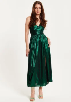Women's Maxi Dress with Strapless Design, Side Slit, Open Back, and Green Foil Print by Liquorish