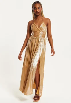 Women's Maxi Dress with Strapless Design, Gold Foil Print, Side Slit, and Open Back - Liquorish