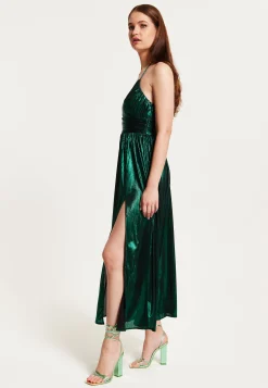 Women's Maxi Dress with Strapless Design, Side Slit, Open Back, and Green Foil Print by Liquorish