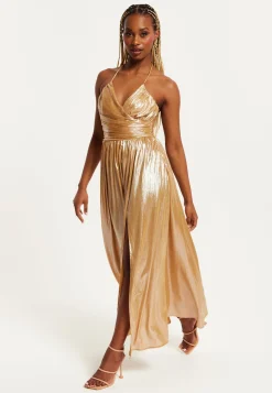 Women's Maxi Dress with Strapless Design, Gold Foil Print, Side Slit, and Open Back - Liquorish