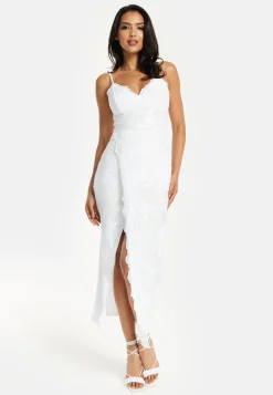 Women’s Maxi Dress with Thigh-high Split and Zip-side Fastening in White - Liquorish