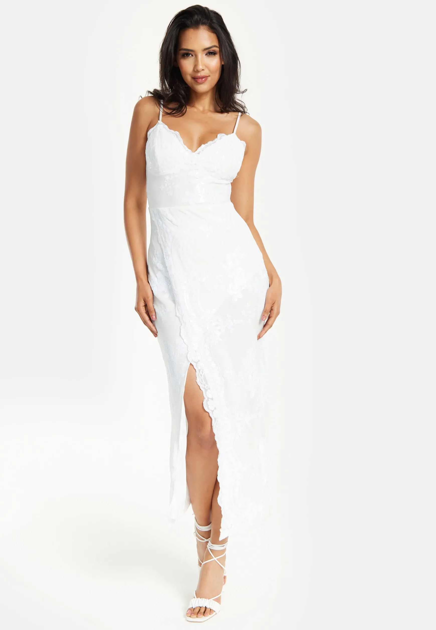 Women’s Maxi Dress with Thigh-high Split and Zip-side Fastening in White - Liquorish