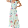 Women's Maxi Dress with V Neckline, Frill Sleeves and Side Tie in Mint Green - Liquorish