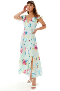Women's Maxi Dress with V Neckline, Frill Sleeves and Side Tie in Mint Green - Liquorish