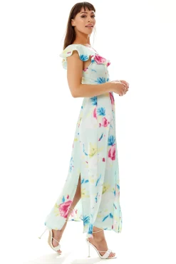 Women's Maxi Dress with V Neckline, Frill Sleeves and Side Tie in Mint Green - Liquorish