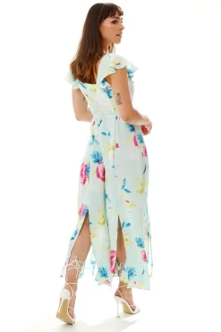 Women's Maxi Dress with V Neckline, Frill Sleeves and Side Tie in Mint Green - Liquorish