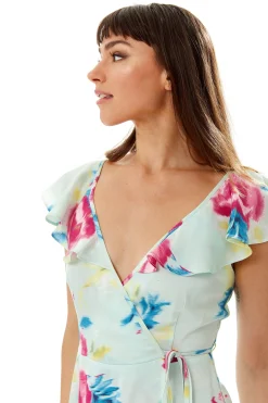 Women's Maxi Dress with V Neckline, Frill Sleeves and Side Tie in Mint Green - Liquorish