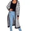 Women's Maxi Long Cardigan with Pockets in Black and White Houndstooth Pattern - Stylish Open Front by Liquorish