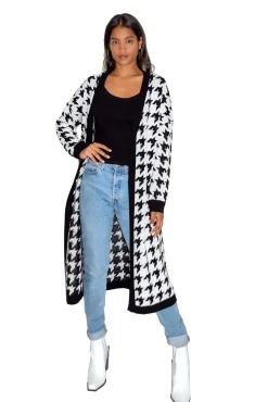 Women's Maxi Long Cardigan with Pockets in Black and White Houndstooth Pattern - Stylish Open Front by Liquorish