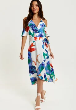 Women's Midi Dress - Floral Print White Wrap Dress with Long Sleeves and Frill Details - Perfect for Weddings - Liquorish