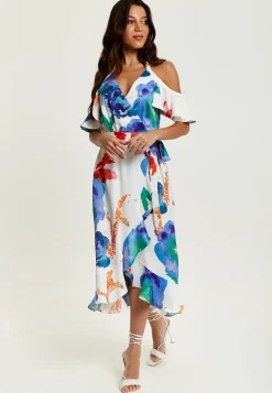 Women's Midi Dress - Floral Print White Wrap Dress with Long Sleeves and Frill Details - Perfect for Weddings - Liquorish