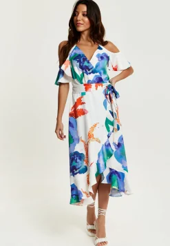 Women's Midi Dress - Floral Print White Wrap Dress with Long Sleeves and Frill Details - Perfect for Weddings - Liquorish