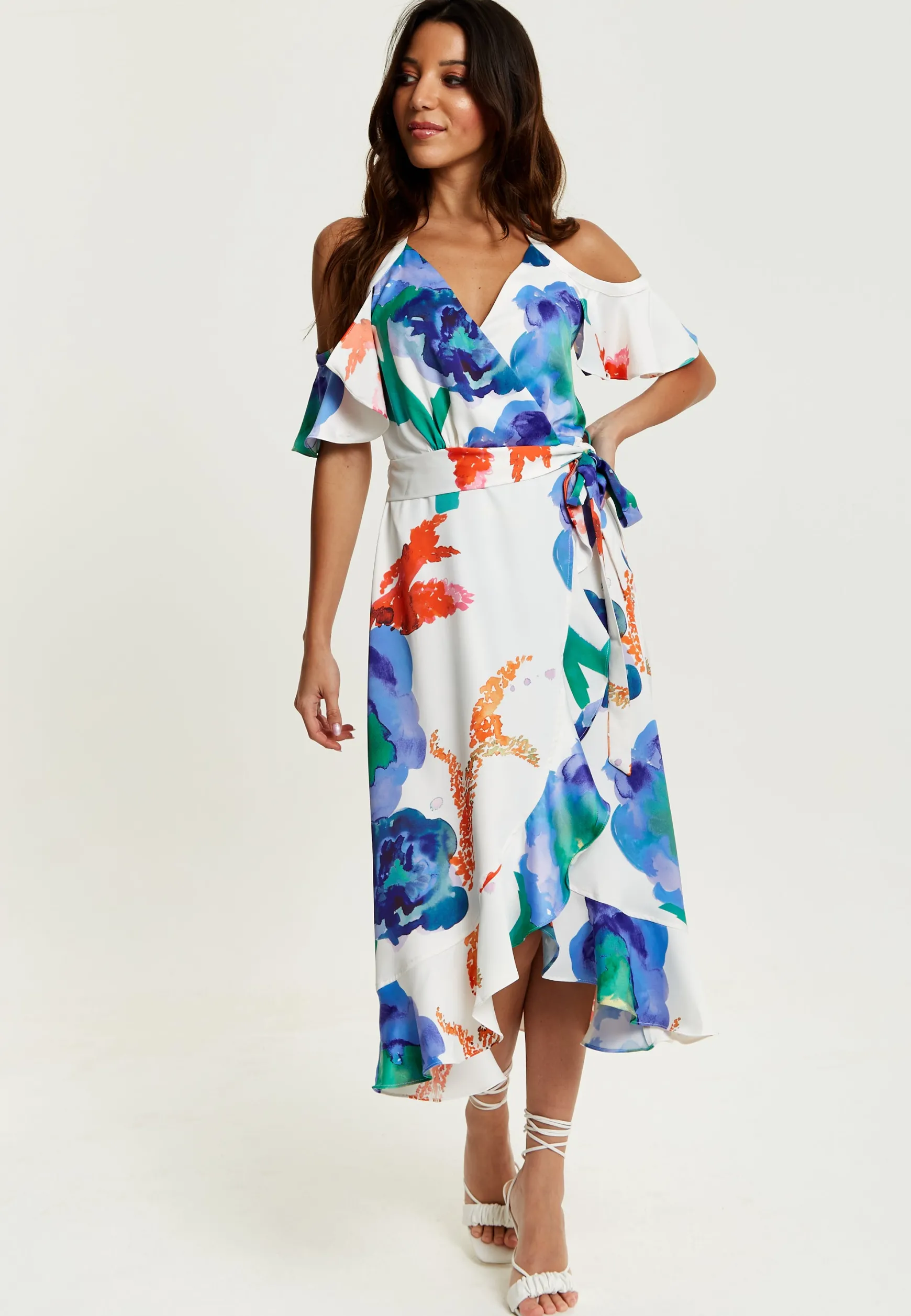 Women's Midi Dress - Floral Print White Wrap Dress with Long Sleeves and Frill Details - Perfect for Weddings - Liquorish