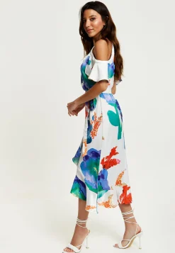 Women's Midi Dress - Floral Print White Wrap Dress with Long Sleeves and Frill Details - Perfect for Weddings - Liquorish