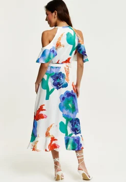 Women's Midi Dress - Floral Print White Wrap Dress with Long Sleeves and Frill Details - Perfect for Weddings - Liquorish
