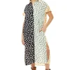 Women's Midi Dress - Oversized Animal Print with Vibrant Yellow Collar and Short Sleeves