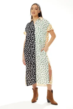 Women's Midi Dress - Oversized Animal Print with Vibrant Yellow Collar and Short Sleeves