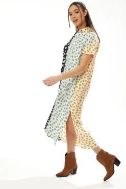 Women's Midi Dress - Oversized Animal Print with Vibrant Yellow Collar and Short Sleeves