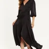 Women's Midi Dress, Black Wrap Dress with Puff Sleeves, Elegant V-Neck, Chic Regular Fit, Lightweight Polyester