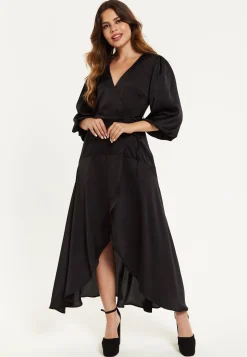 Women's Midi Dress, Black Wrap Dress with Puff Sleeves, Elegant V-Neck, Chic Regular Fit, Lightweight Polyester