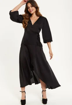 Women's Midi Dress, Black Wrap Dress with Puff Sleeves, Elegant V-Neck, Chic Regular Fit, Lightweight Polyester