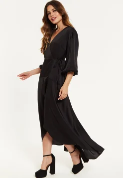 Women's Midi Dress, Black Wrap Dress with Puff Sleeves, Elegant V-Neck, Chic Regular Fit, Lightweight Polyester