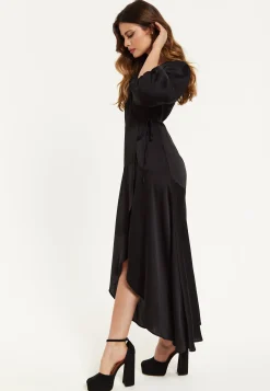 Women's Midi Dress, Black Wrap Dress with Puff Sleeves, Elegant V-Neck, Chic Regular Fit, Lightweight Polyester