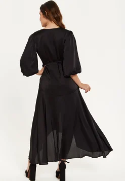 Women's Midi Dress, Black Wrap Dress with Puff Sleeves, Elegant V-Neck, Chic Regular Fit, Lightweight Polyester