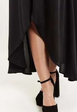 Women's Midi Dress, Black Wrap Dress with Puff Sleeves, Elegant V-Neck, Chic Regular Fit, Lightweight Polyester
