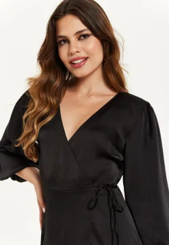 Women's Midi Dress, Black Wrap Dress with Puff Sleeves, Elegant V-Neck, Chic Regular Fit, Lightweight Polyester
