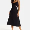 Women's Midi Dress, Elegant Black Cami Dress with Alluring Cut-Out Details