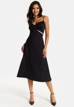 Women's Midi Dress, Elegant Black Cami Dress with Alluring Cut-Out Details