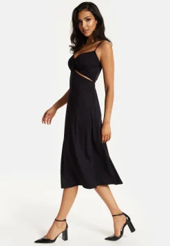 Women's Midi Dress, Elegant Black Cami Dress with Alluring Cut-Out Details