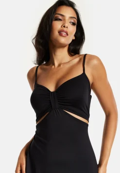 Women's Midi Dress, Elegant Black Cami Dress with Alluring Cut-Out Details