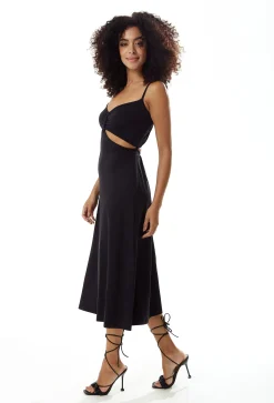 Women's Midi Dress, Elegant Black Cami Dress with Alluring Cut-Out Details