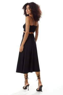 Women's Midi Dress, Elegant Black Cami Dress with Alluring Cut-Out Details