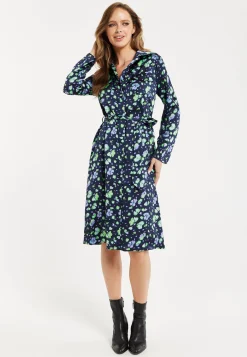 Women’s Midi Dress, Floral Print in Multicolour & Navy with Adjustable Waist Tie and Full-Length Sleeves