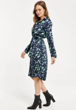 Women’s Midi Dress, Floral Print in Multicolour & Navy with Adjustable Waist Tie and Full-Length Sleeves