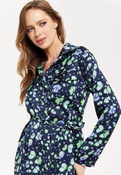 Women’s Midi Dress, Floral Print in Multicolour & Navy with Adjustable Waist Tie and Full-Length Sleeves