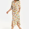 Women’s Midi Dress, Fruit Print, Button-Through Design, Elegant Tie Waist, Roll-Up Sleeves, Lightweight Viscose