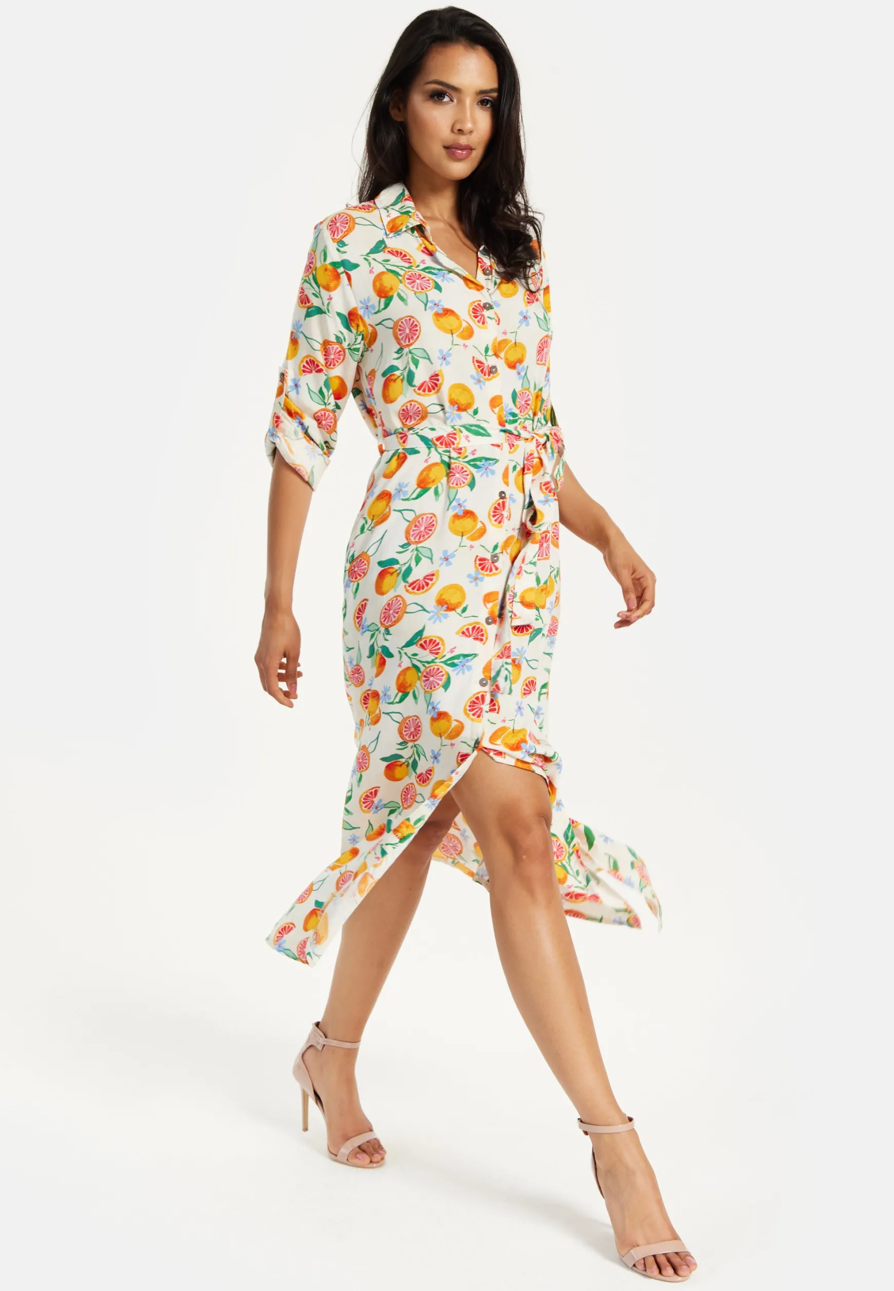 Women’s Midi Dress, Fruit Print, Button-Through Design, Elegant Tie Waist, Roll-Up Sleeves, Lightweight Viscose